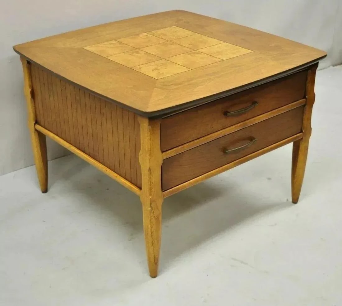 Lane Mid Century Modern Walnut 2 Drawer Lamp End Table With Burlwood Inlay Top - 12