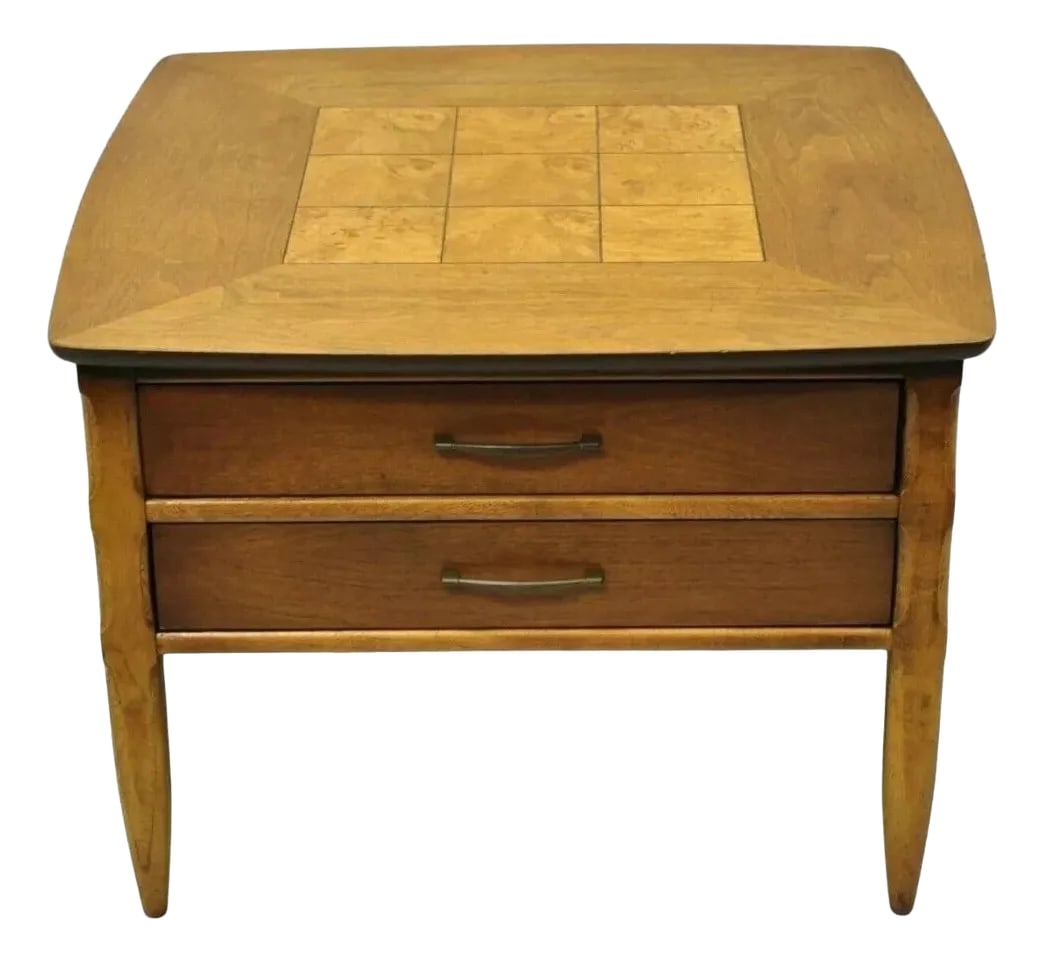 Lane Mid Century Modern Walnut 2 Drawer Lamp End Table With Burlwood Inlay Top: Lane Mid Century Modern Walnut 2 Drawer Lamp End Table with Burlwood Inlay Top. Item features carved and tapered legs, finished back, original stamp, 2 dovetailed drawers, great style and form. Circa