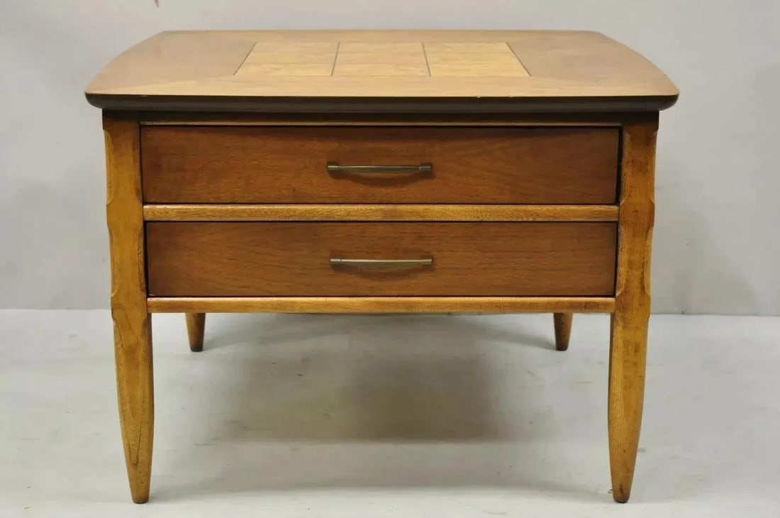 Lane Mid Century Modern Walnut 2 Drawer Lamp End Table With Burlwood Inlay Top - 4