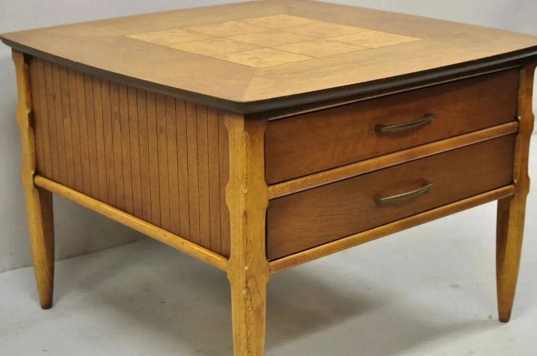 Lane Mid Century Modern Walnut 2 Drawer Lamp End Table With Burlwood Inlay Top - 6