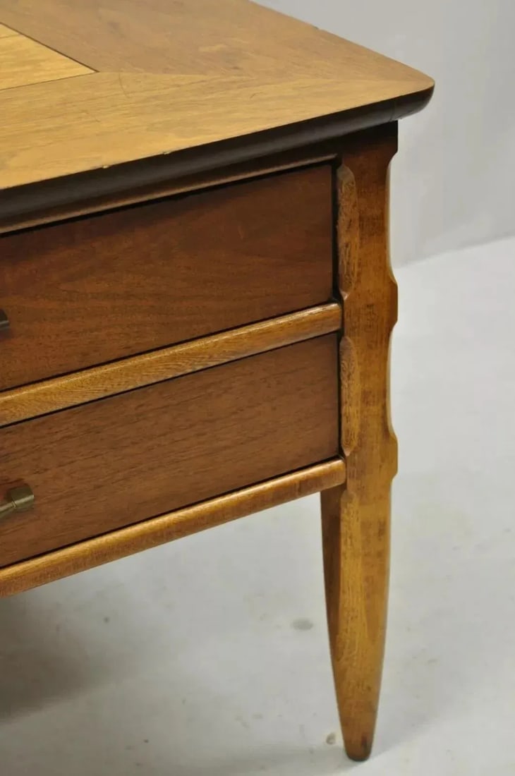 Lane Mid Century Modern Walnut 2 Drawer Lamp End Table With Burlwood Inlay Top - 9