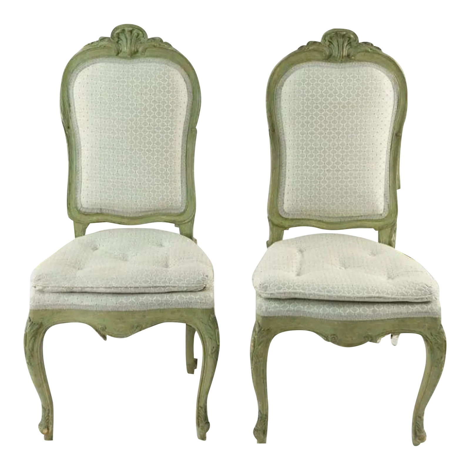 Pair of Green Painted French Style Side Chairs With Shell Motif and Tufted Seat: Pair of carved shell back dining chairs painted green with green diamond print fabric tufted seat and tight back. Carved detail on chair apron, cabriole legs, feet and seat back. Condition: