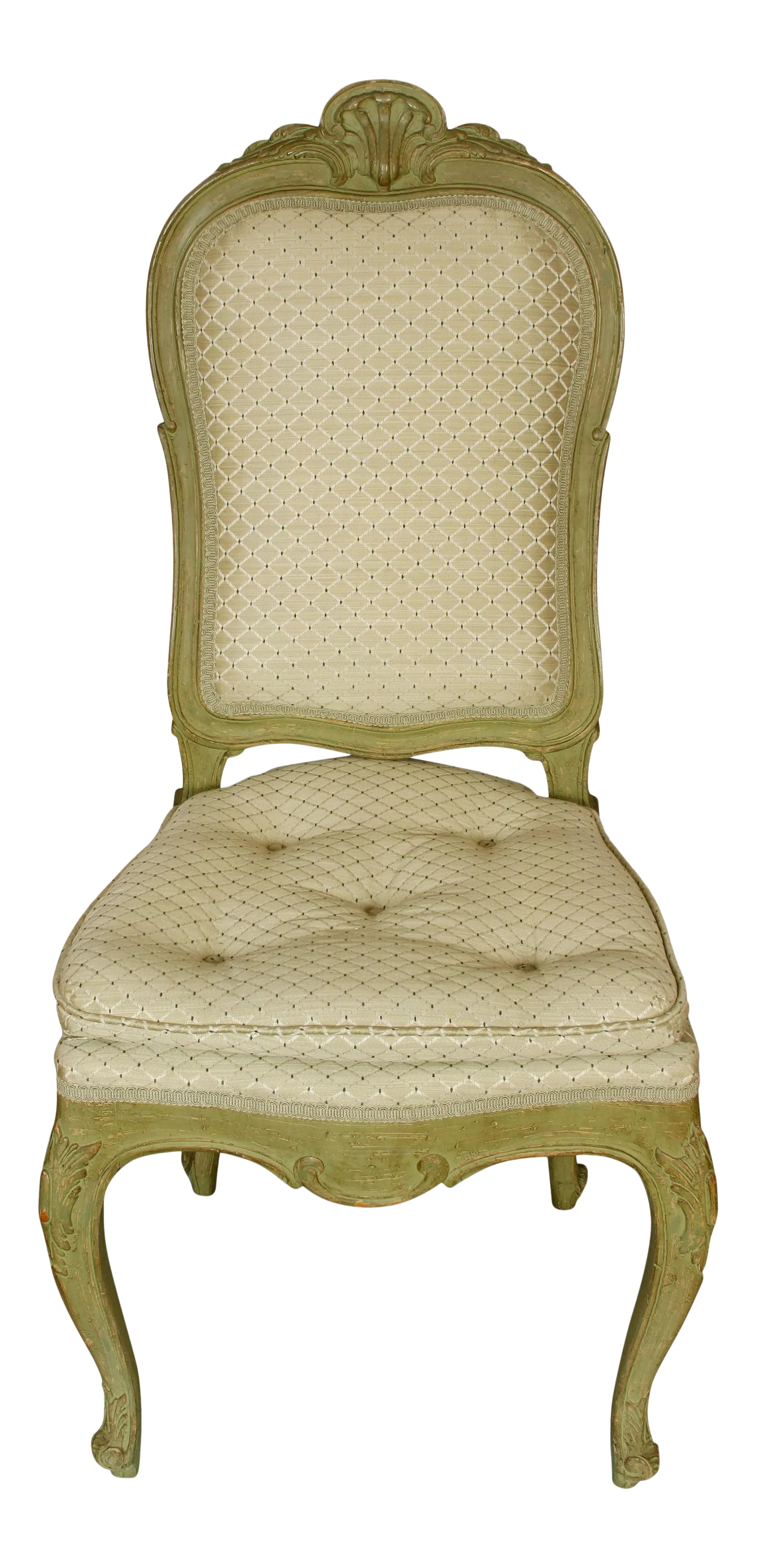 Pair of Green Painted French Style Side Chairs With Shell Motif and Tufted Seat - 2