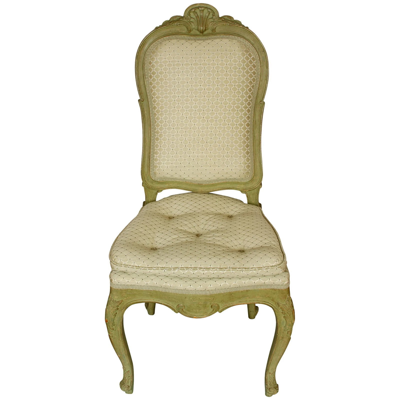 Pair of Green Painted French Style Side Chairs With Shell Motif and Tufted Seat - 6