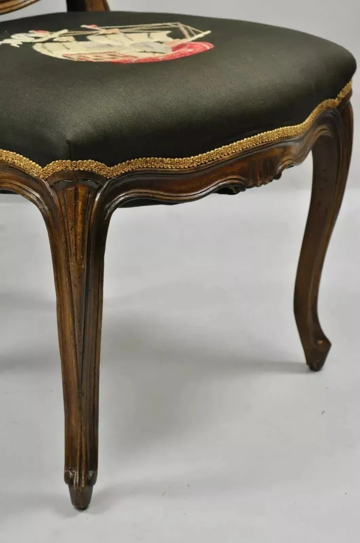 Early 20th Century French Provincial Louis XV Walnut Side Chairs With Ship Boat Crewel Work - A Pair - 10