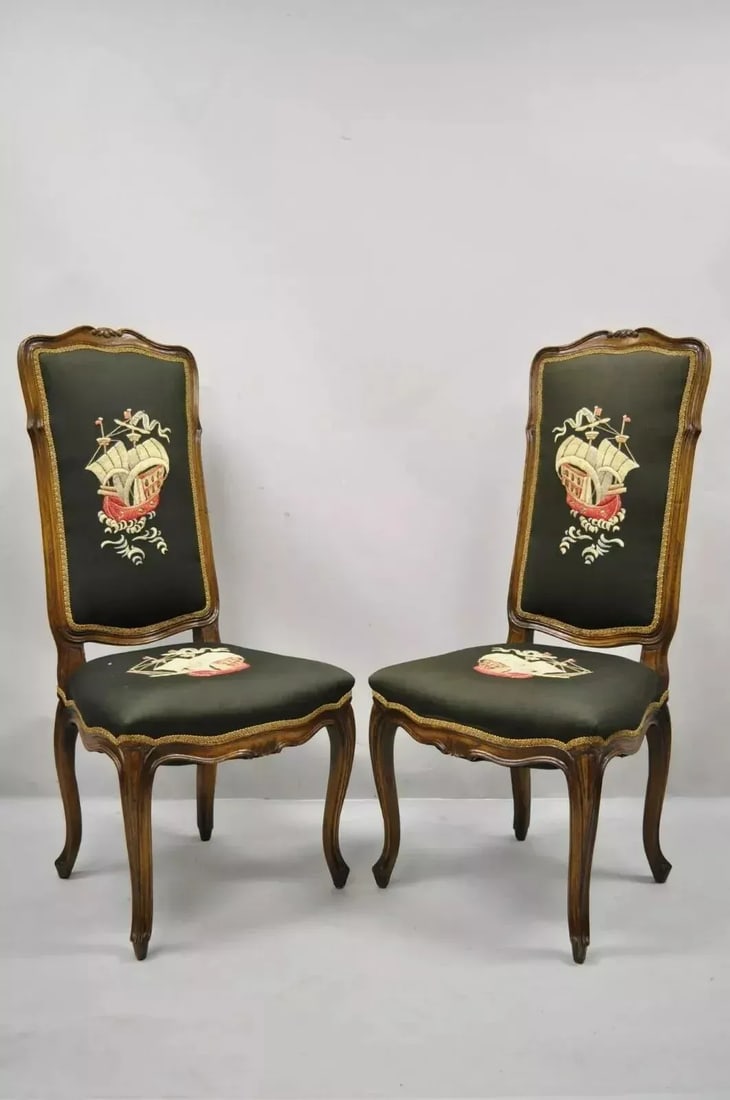 Early 20th Century French Provincial Louis XV Walnut Side Chairs With Ship Boat Crewel Work - A Pair - 12