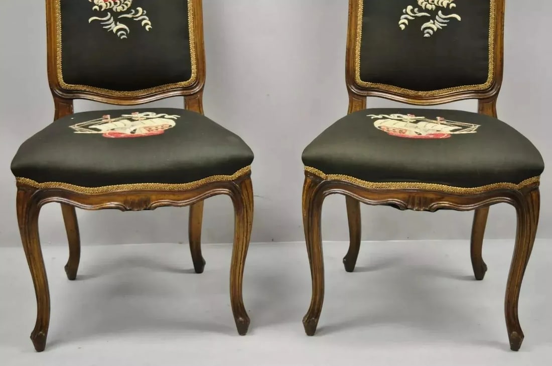 Early 20th Century French Provincial Louis XV Walnut Side Chairs With Ship Boat Crewel Work - A Pair - 3