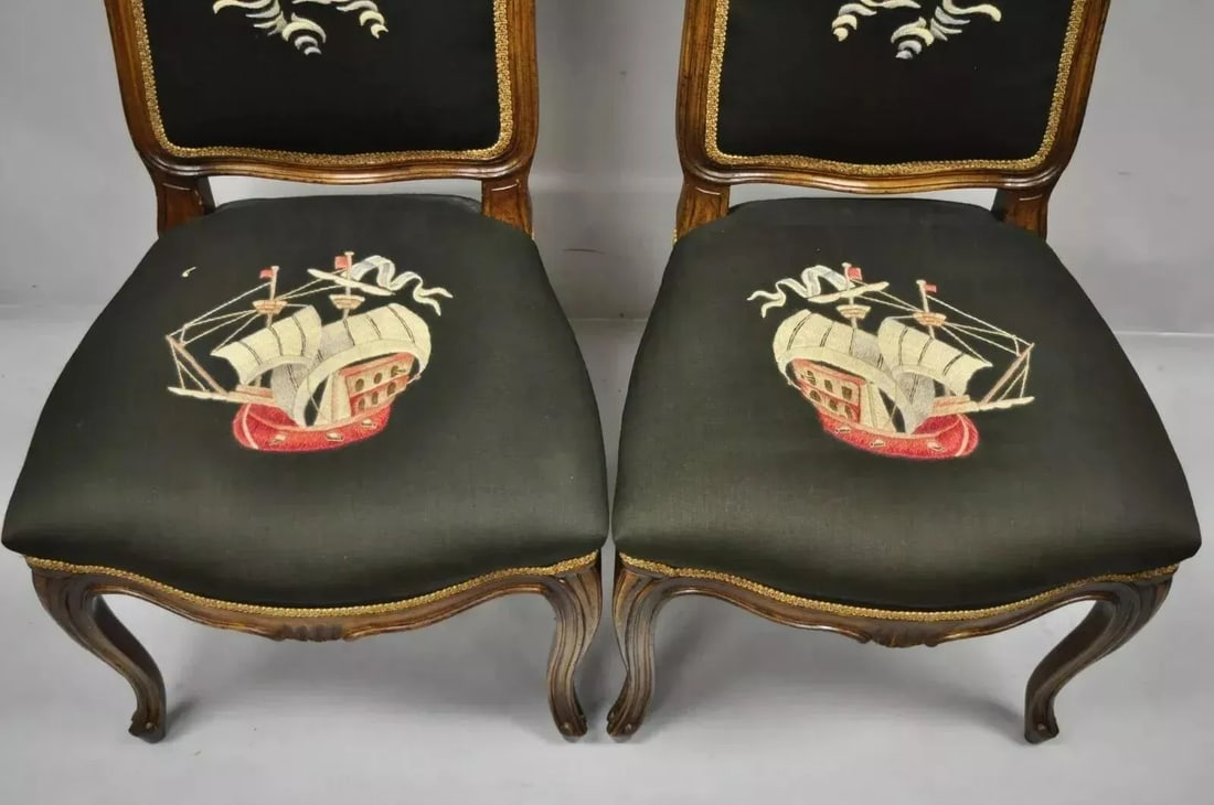 Early 20th Century French Provincial Louis XV Walnut Side Chairs With Ship Boat Crewel Work - A Pair - 4