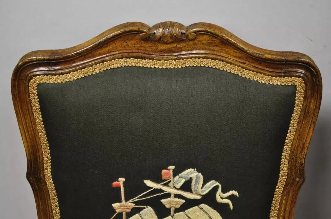 Early 20th Century French Provincial Louis XV Walnut Side Chairs With Ship Boat Crewel Work - A Pair - 8