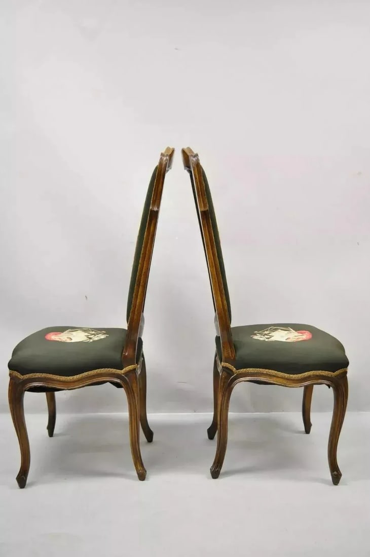 Early 20th Century French Provincial Louis XV Walnut Side Chairs With Ship Boat Crewel Work - A Pair - 9