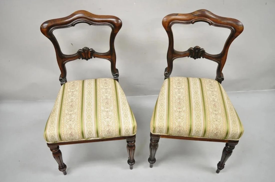 Antique English Victorian Carved Rosewood Parlor Dining Side Chairs - A Pair - 12