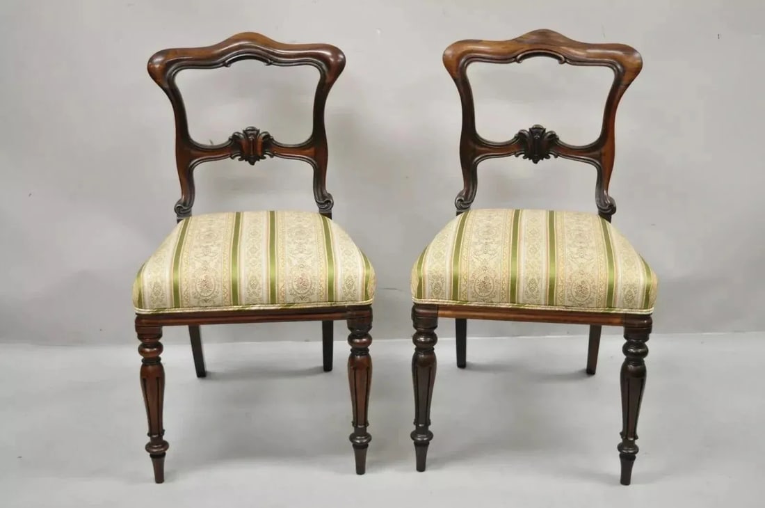 Antique English Victorian Carved Rosewood Parlor Dining Side Chairs - A Pair - 2