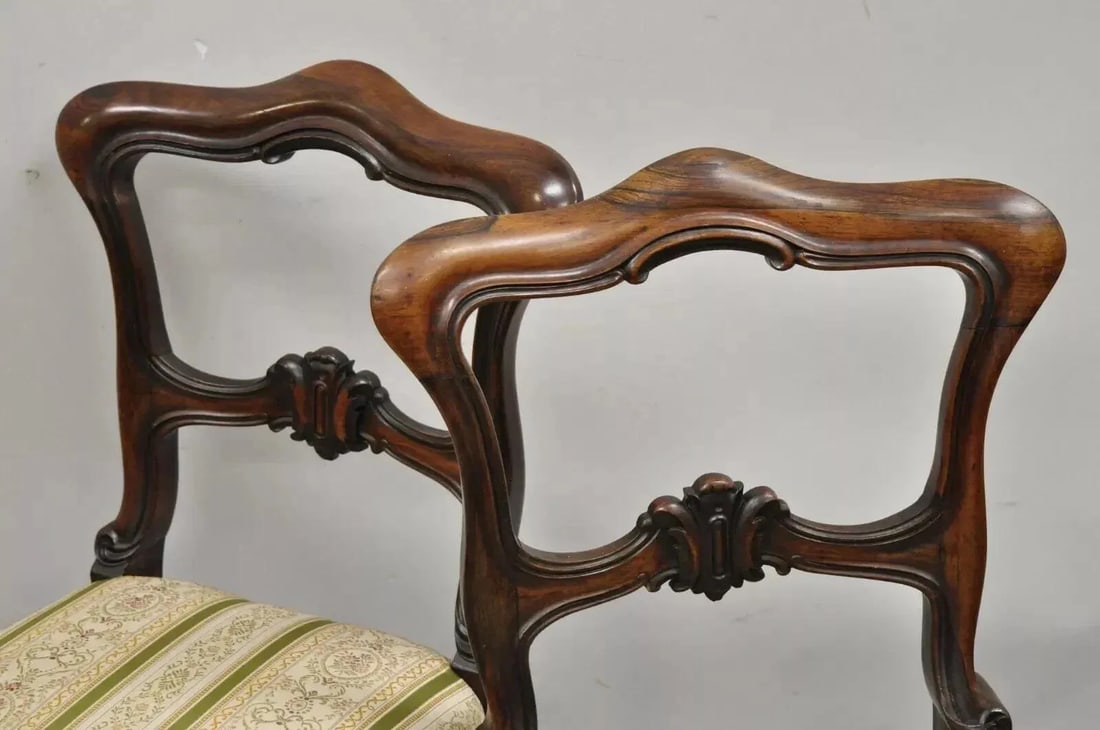 Antique English Victorian Carved Rosewood Parlor Dining Side Chairs - A Pair - 8