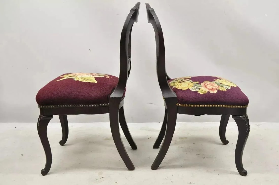 Late 19th Century Antique Eastlake Victorian Carved Mahogany Needlepoint Parlor Side Chairs - Pair - 12
