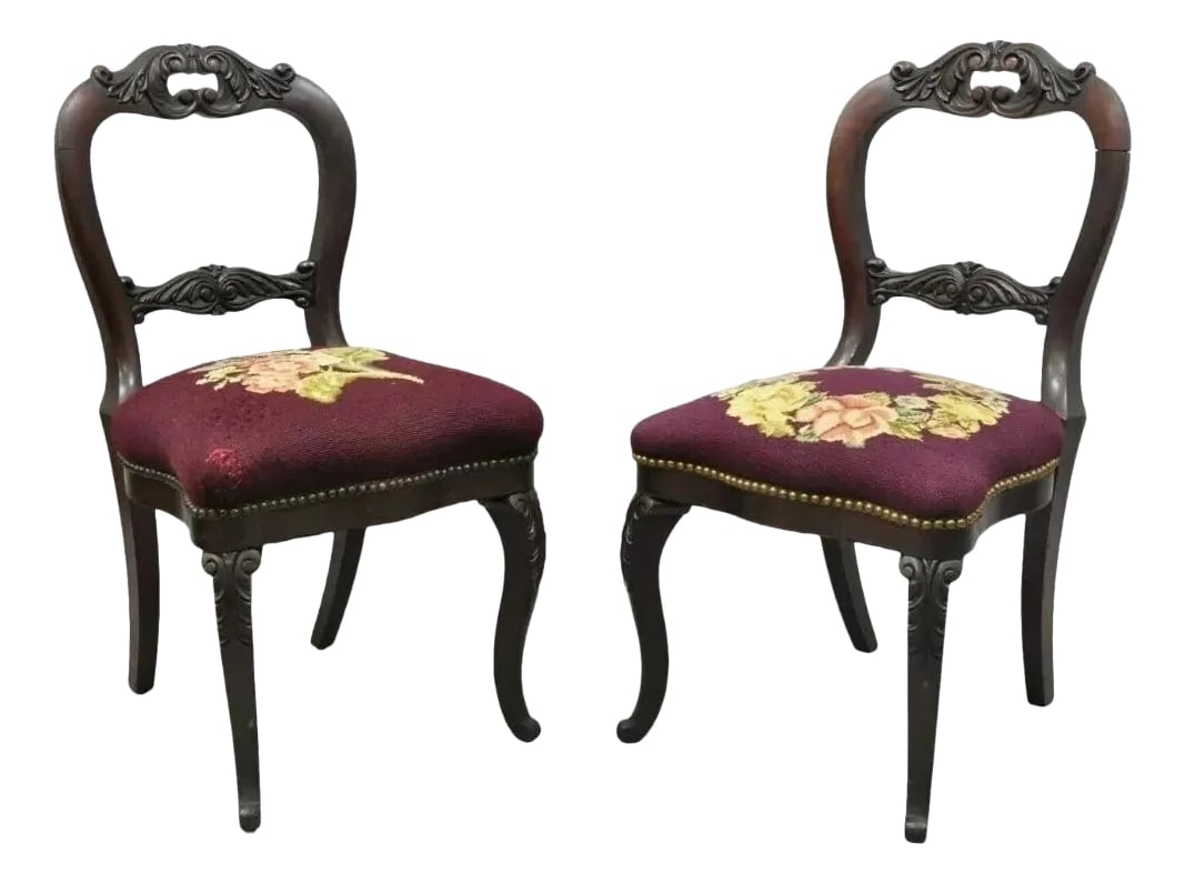 Late 19th Century Antique Eastlake Victorian Carved Mahogany Needlepoint Parlor Side Chairs - Pair: Antique Eastlake Victorian Carved Mahogany Needlepoint Parlor Side Chairs - a Pair. Circa Late 19th Century. Measurements: 34" H x 18" W x 19" D x 18" Seat Height. Condition: Alterations: Original Con