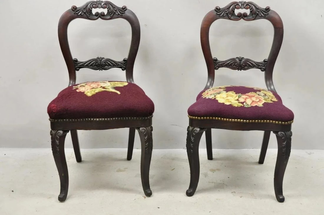 Late 19th Century Antique Eastlake Victorian Carved Mahogany Needlepoint Parlor Side Chairs - Pair - 2