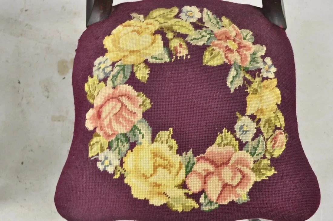 Late 19th Century Antique Eastlake Victorian Carved Mahogany Needlepoint Parlor Side Chairs - Pair - 6