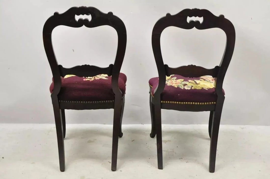 Late 19th Century Antique Eastlake Victorian Carved Mahogany Needlepoint Parlor Side Chairs - Pair - 9