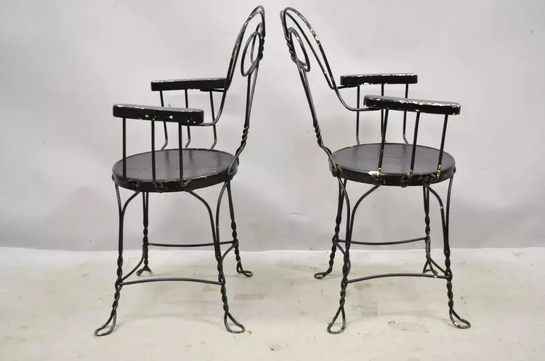 Late 19th Century Antique Wrought Iron Twisted Metal Ice Cream Parlor Arm Chairs Wood Arms - Pair - 10