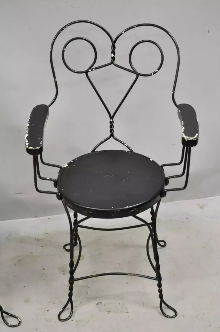Late 19th Century Antique Wrought Iron Twisted Metal Ice Cream Parlor Arm Chairs Wood Arms - Pair - 11
