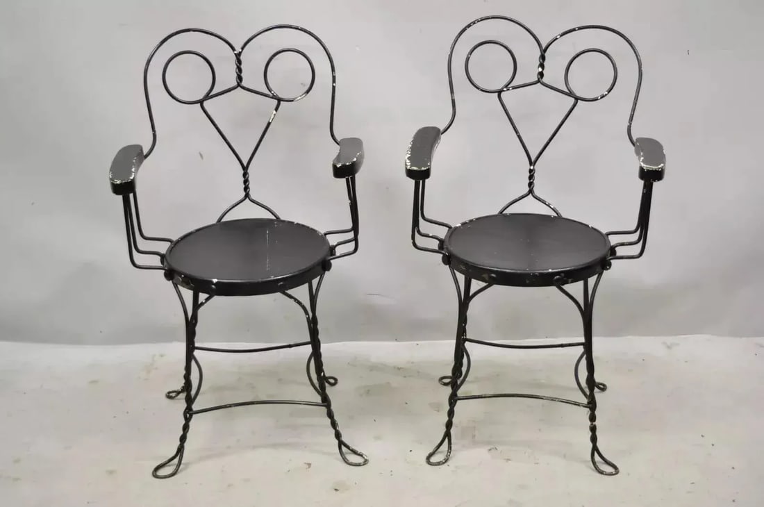Late 19th Century Antique Wrought Iron Twisted Metal Ice Cream Parlor Arm Chairs Wood Arms - Pair - 2