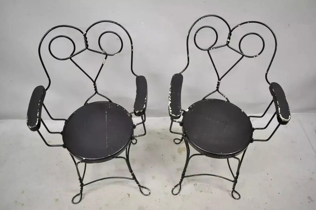 Late 19th Century Antique Wrought Iron Twisted Metal Ice Cream Parlor Arm Chairs Wood Arms - Pair - 3