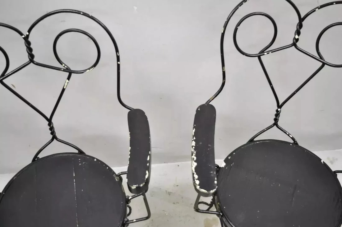 Late 19th Century Antique Wrought Iron Twisted Metal Ice Cream Parlor Arm Chairs Wood Arms - Pair - 4