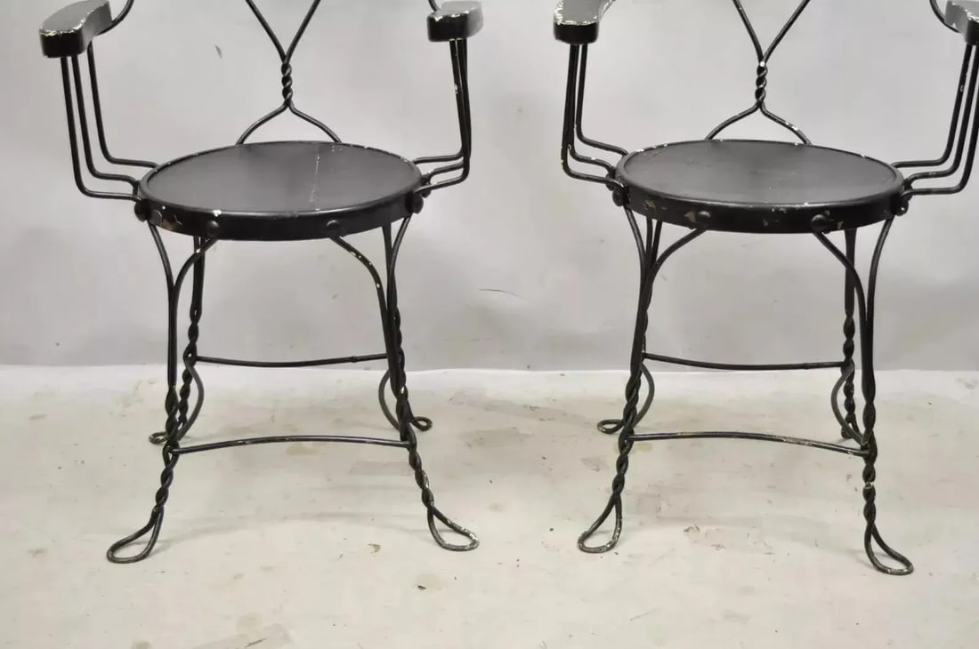 Late 19th Century Antique Wrought Iron Twisted Metal Ice Cream Parlor Arm Chairs Wood Arms - Pair - 5
