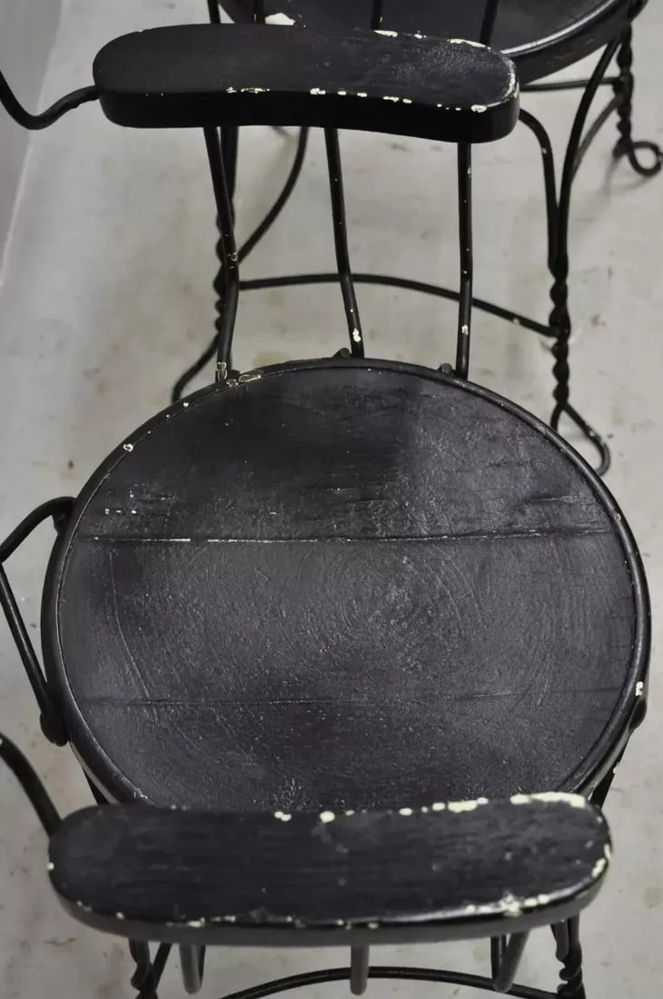 Late 19th Century Antique Wrought Iron Twisted Metal Ice Cream Parlor Arm Chairs Wood Arms - Pair - 6