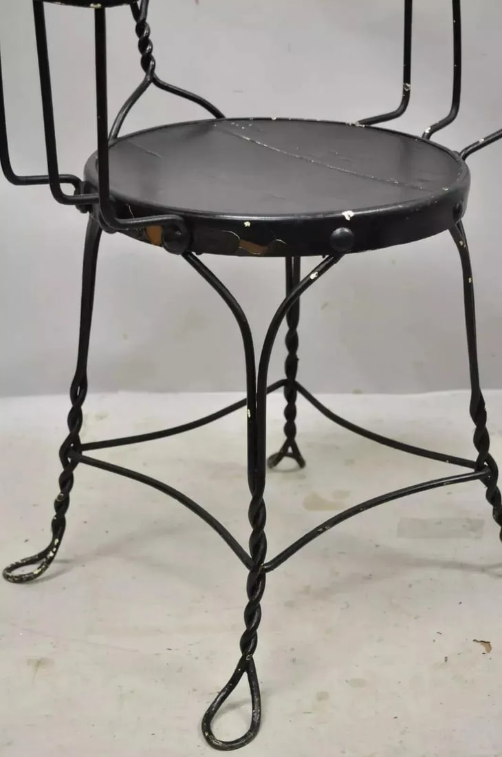 Late 19th Century Antique Wrought Iron Twisted Metal Ice Cream Parlor Arm Chairs Wood Arms - Pair - 7