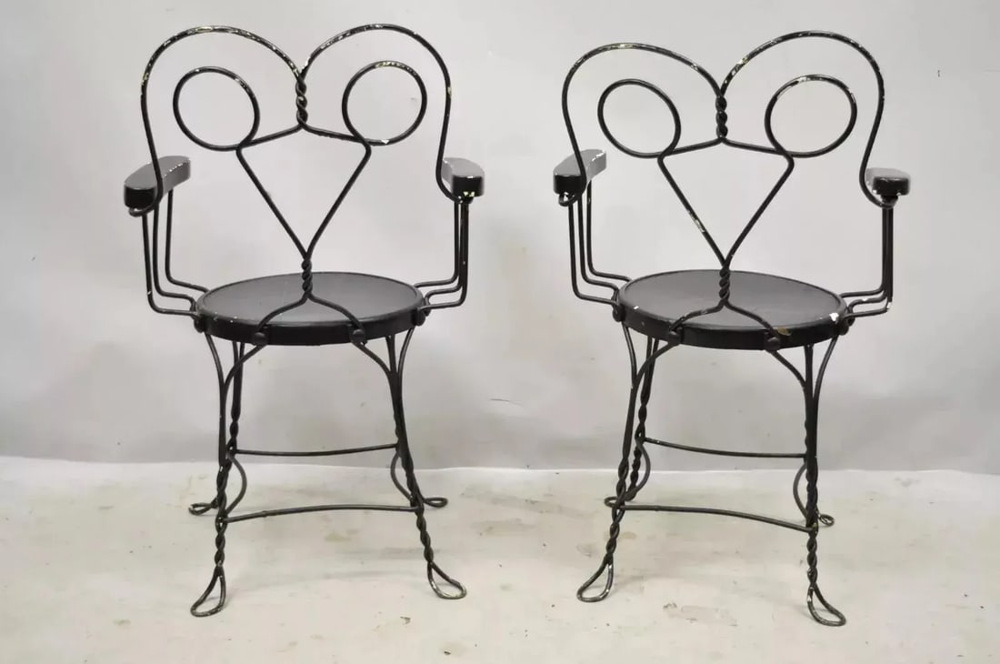Late 19th Century Antique Wrought Iron Twisted Metal Ice Cream Parlor Arm Chairs Wood Arms - Pair - 9