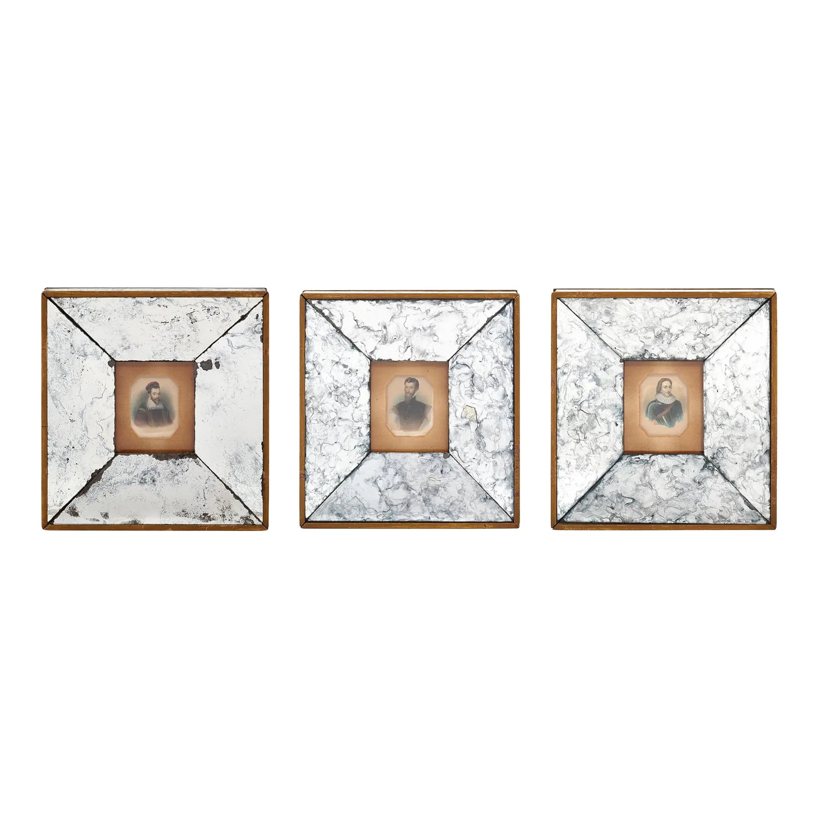 Set of Mid-Century French Paintings and Mirrored Frames: Set of three paintings from mid-century France portraits of classic French male figures from the 16th century. Each is shown in a mirrored square frame. The frames are accentuated with gold leaf. This