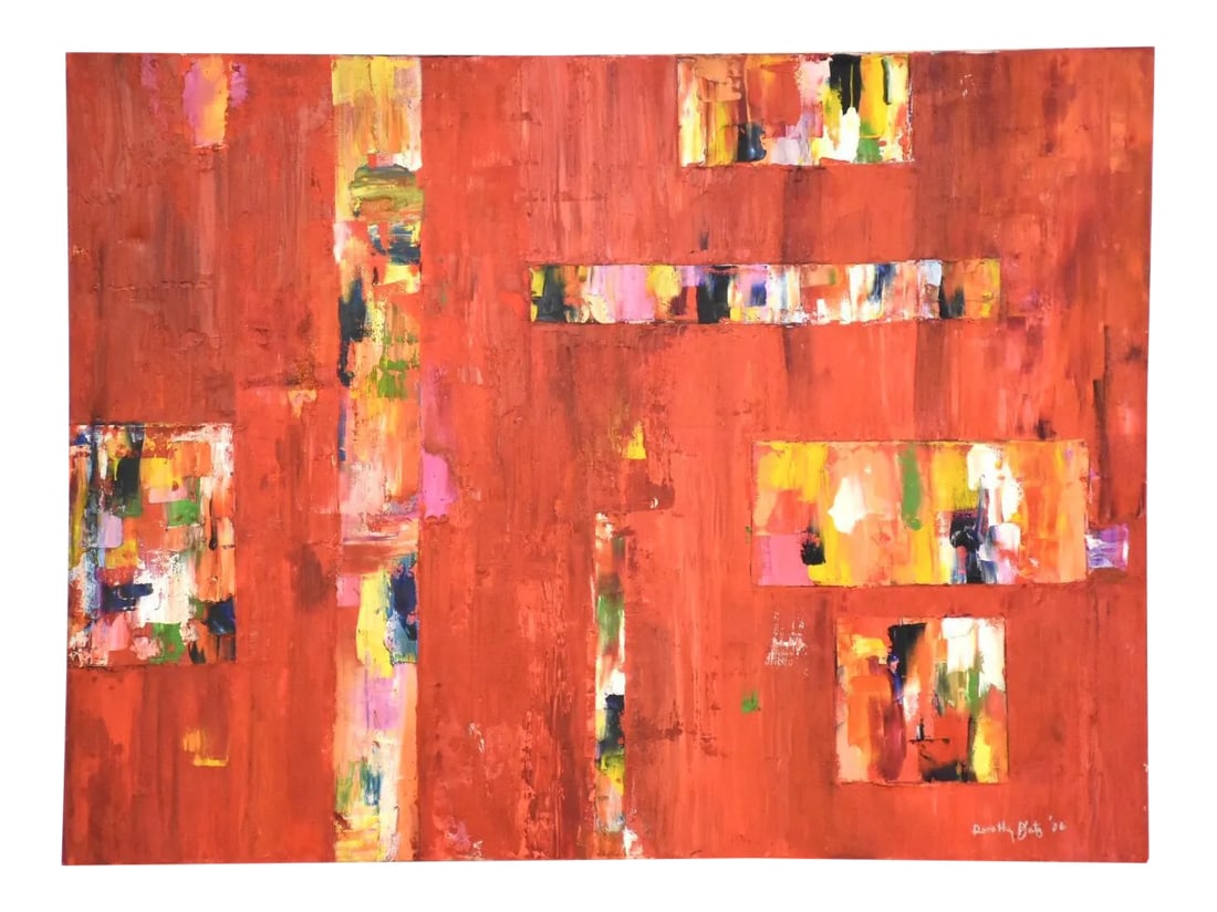 Acrylic on Canvas Signed Abstract Painting: A modern abstract acrylic on canvas colorful red painting signed and dated from 2006. 40" wide. 2" deep. 30" tall. Condition: Alterations: Original Condition Unaltered Imperfections: Some