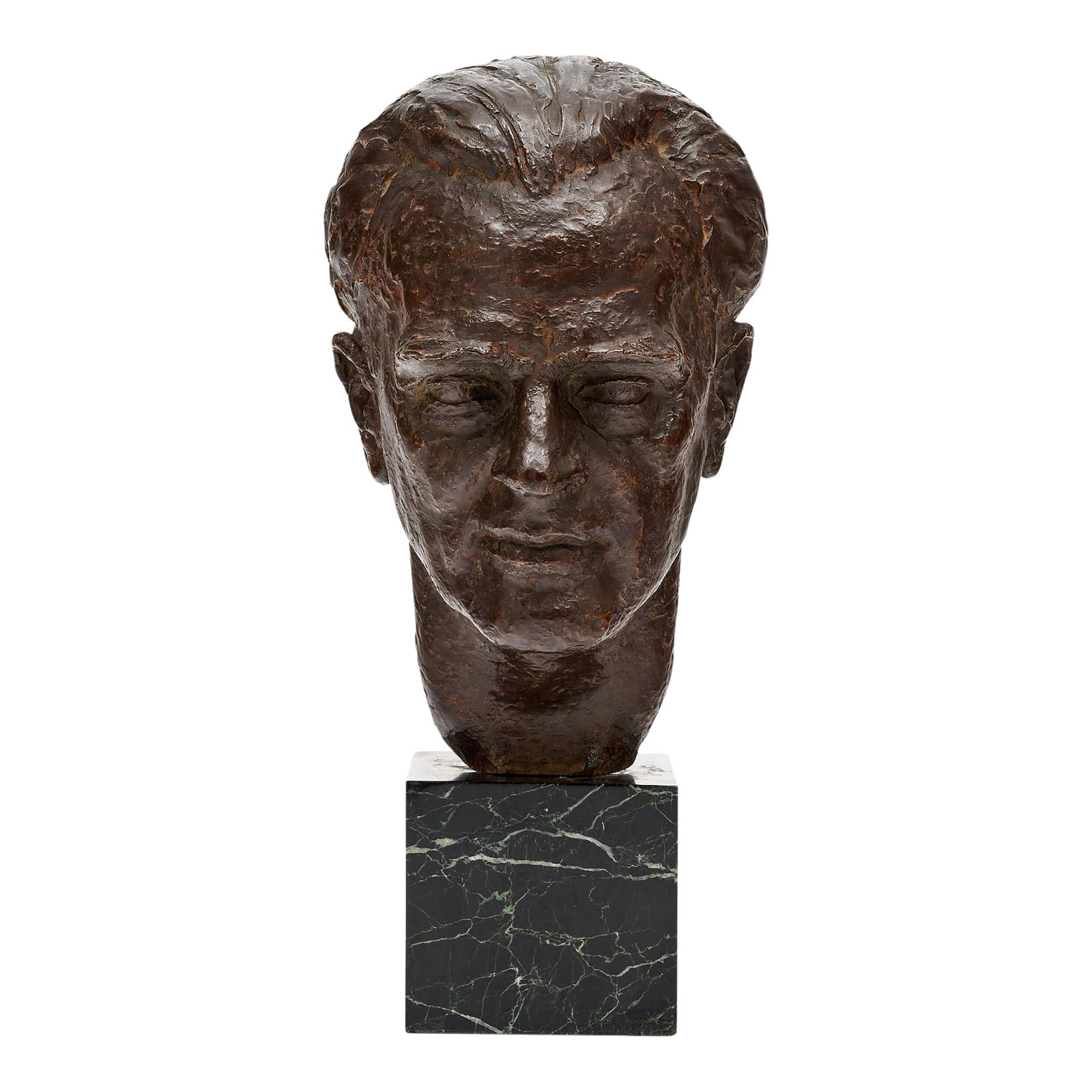 Art Deco Period French Bronze Bust: Vintage bust from France made of bronze and supported by a marble base. This piece features the likeness of a man. It showcases the smelter's stamp. This piece is in very nice vintage condition with