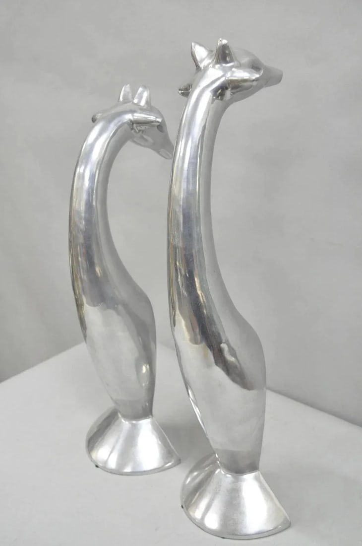 Late 20th Century Vintage Mid Century Modern Cast Aluminum Silver Giraffe Sculptures - A Pair - 12