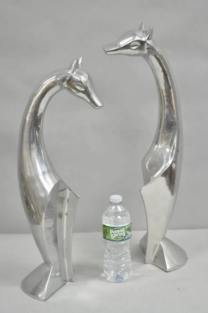 Late 20th Century Vintage Mid Century Modern Cast Aluminum Silver Giraffe Sculptures - A Pair - 2
