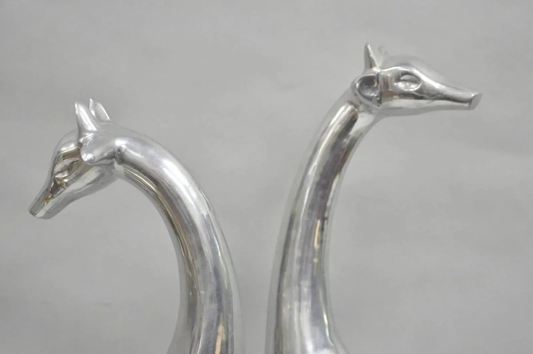 Late 20th Century Vintage Mid Century Modern Cast Aluminum Silver Giraffe Sculptures - A Pair - 3