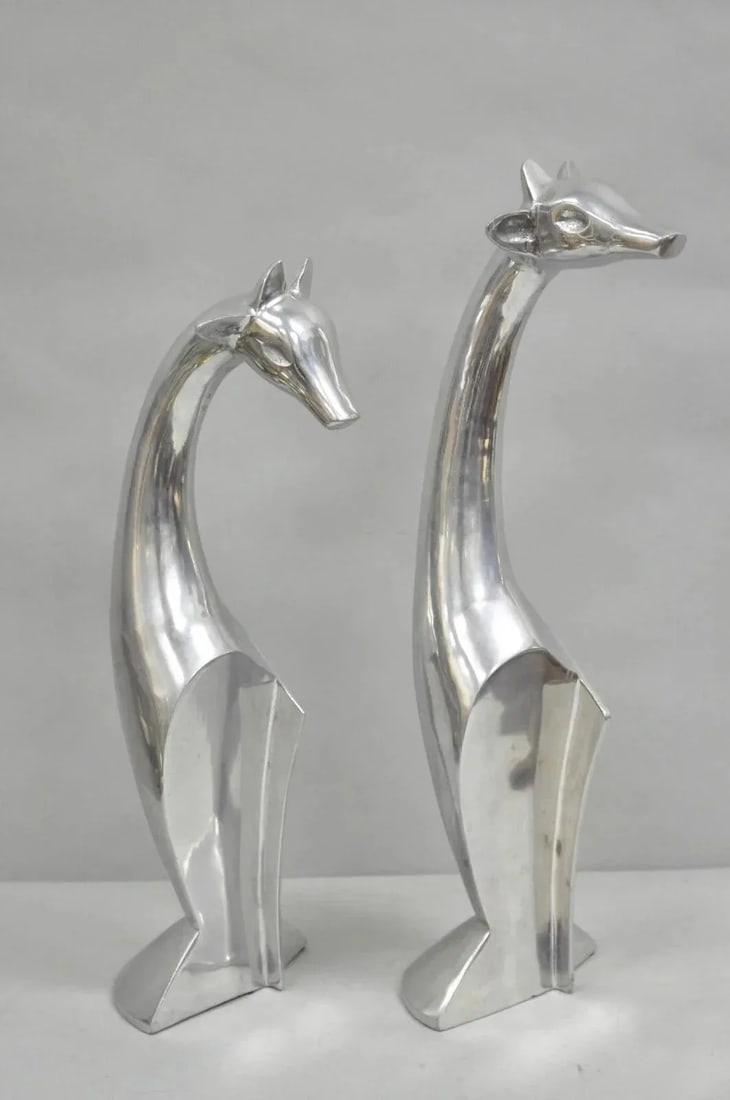 Late 20th Century Vintage Mid Century Modern Cast Aluminum Silver Giraffe Sculptures - A Pair - 4