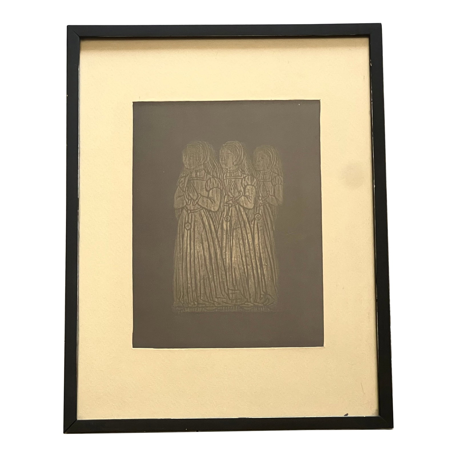 Mid 20th Century Framed Brass Rubbing Daughters of Sir Ralph and Lady Elizabeth Verney: There is a label on the back of the frame: "Two brasses (sons and daughters) are part of a family memorial to their parents which were originally placed in Ashridge Church. Sir Edmond Verney, the thri