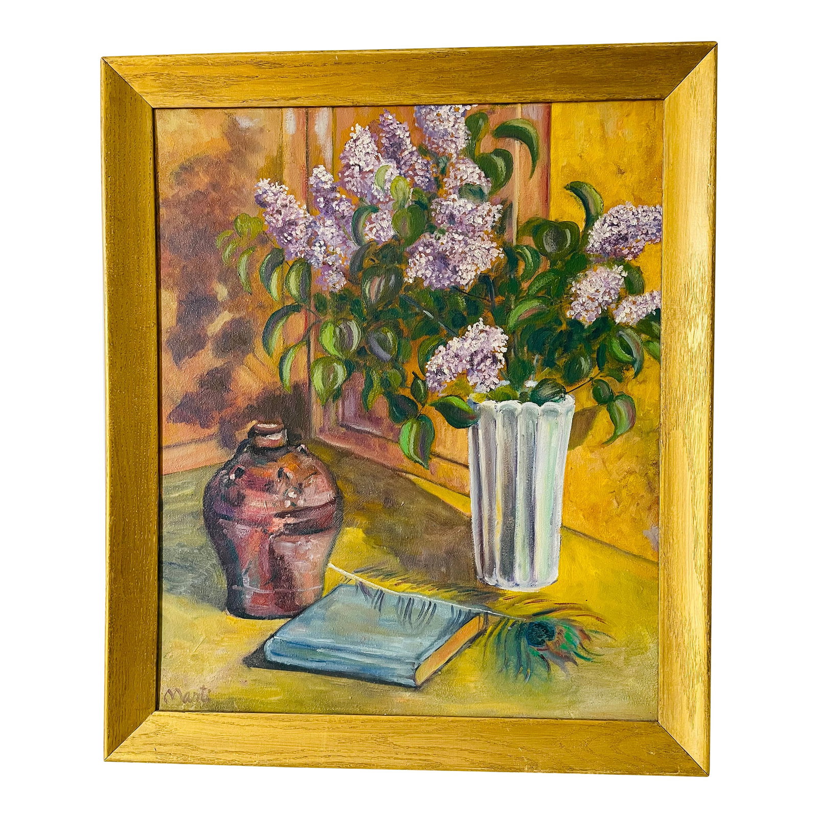 1980s Original oOil on Canvas Bouquet of Lilacs Painting: Post modern oil on canvas painting Bouquet of Lilacs still life. Signed Marty, dated verso 1987z in original gold tone frame. Condition: Alterations: Original Condition Unaltered Imperfections: Some I