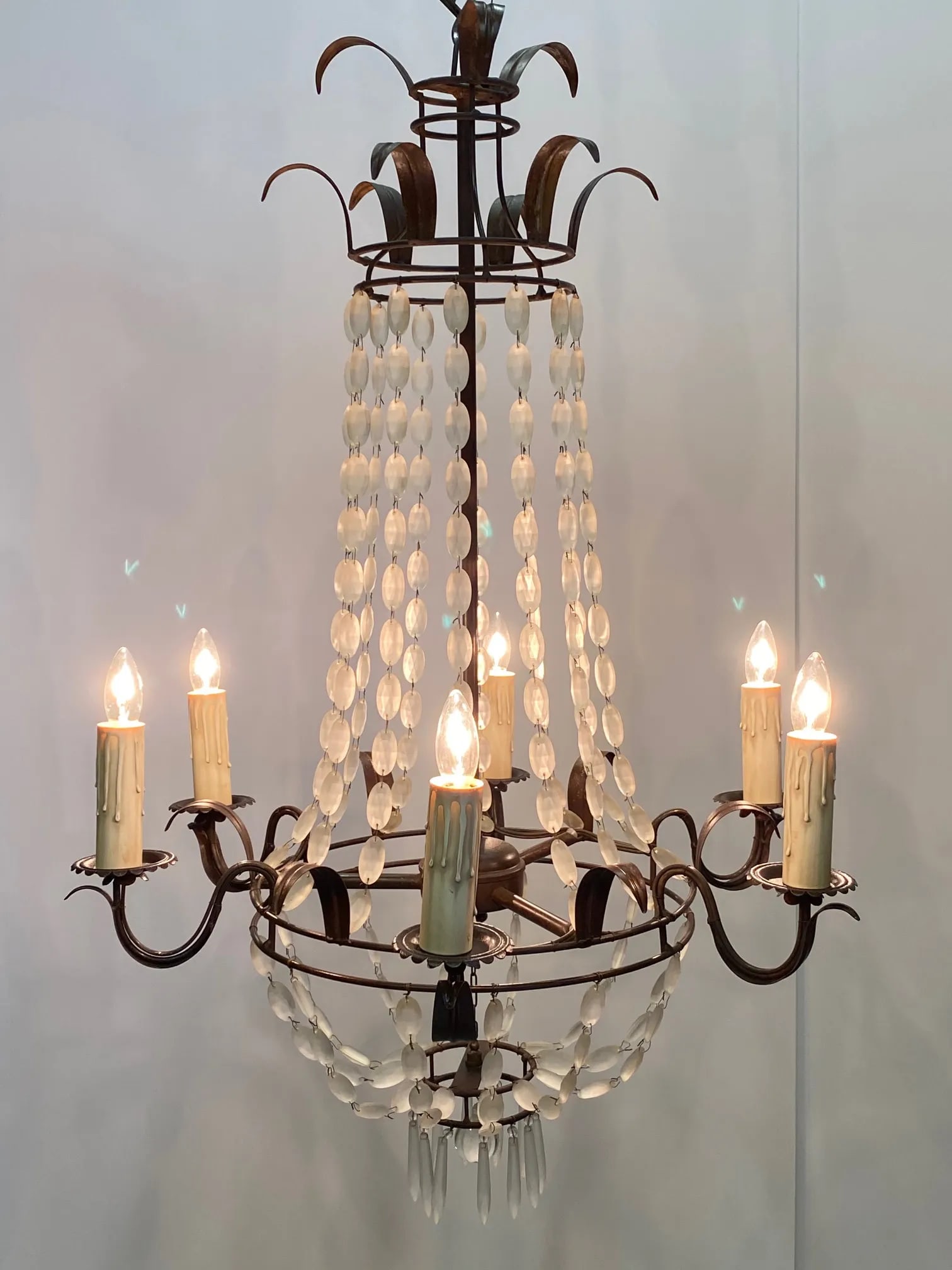 Italian Empire Style Iron and Frosted Glass Chandelier - 13