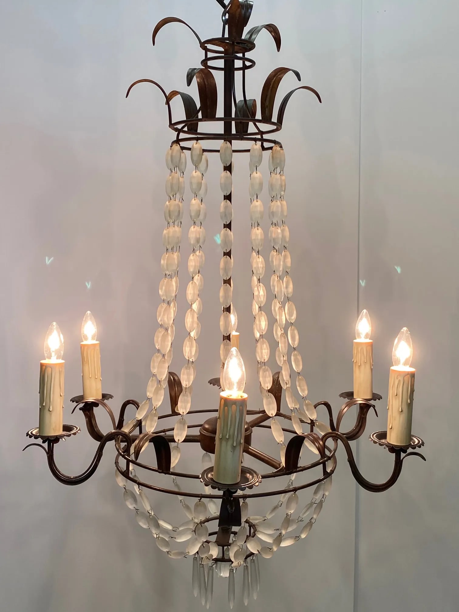 Italian Empire Style Iron and Frosted Glass Chandelier - 2