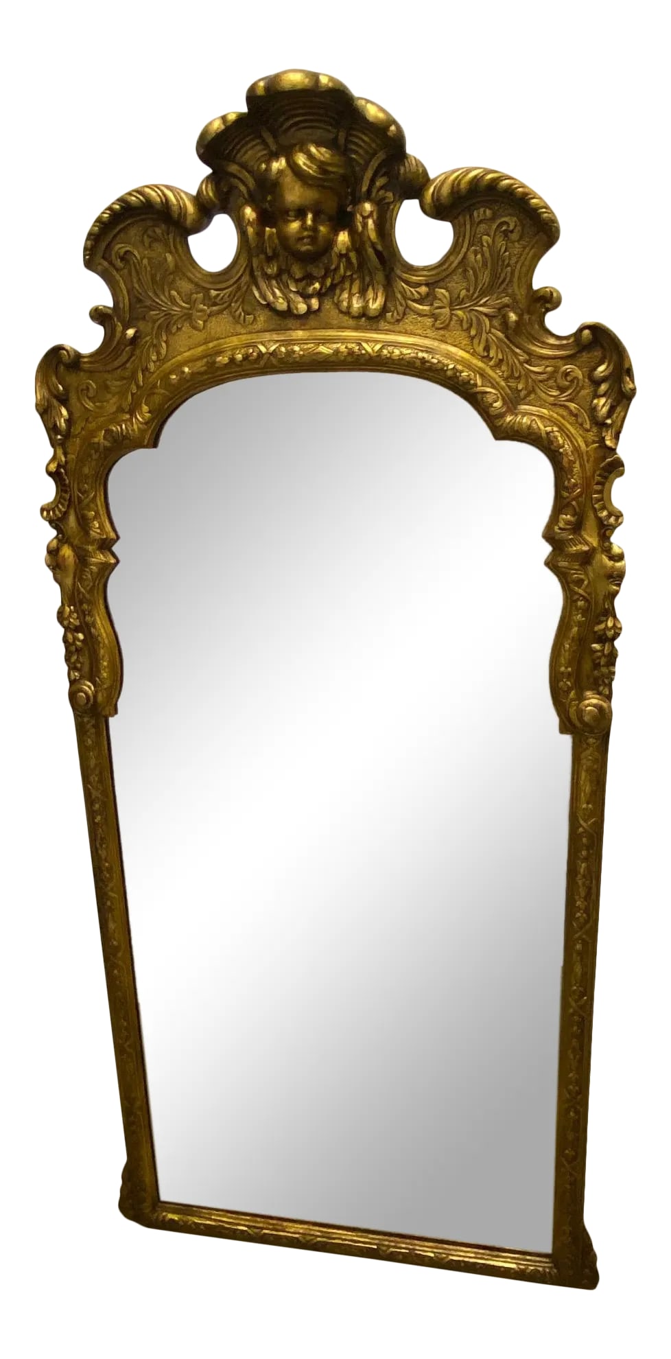 Large Italian Carved Venetian Gold Walnut Mirror: Beautiful vintage carved walnut mirror with Venetian gold finish, wonderful details to carving and face of a cherub at the top. Depth of body of mirror 1/5" top 5" D. Condition: Alterations: Original
