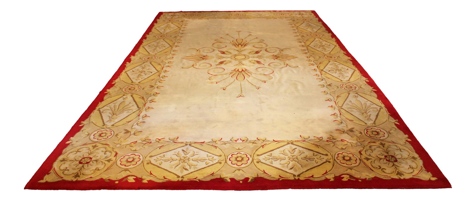 Mid 19th Century German Biedermeier Wool Rug: German Biedermeier wool hooked carpet, c. 1840-60. Needlepoint. Borders & central medallion of restrained, bold classical motifs. Light wear commensurate with age. 8' 10 1/8" x 14' 10 1/4" Condition: 
