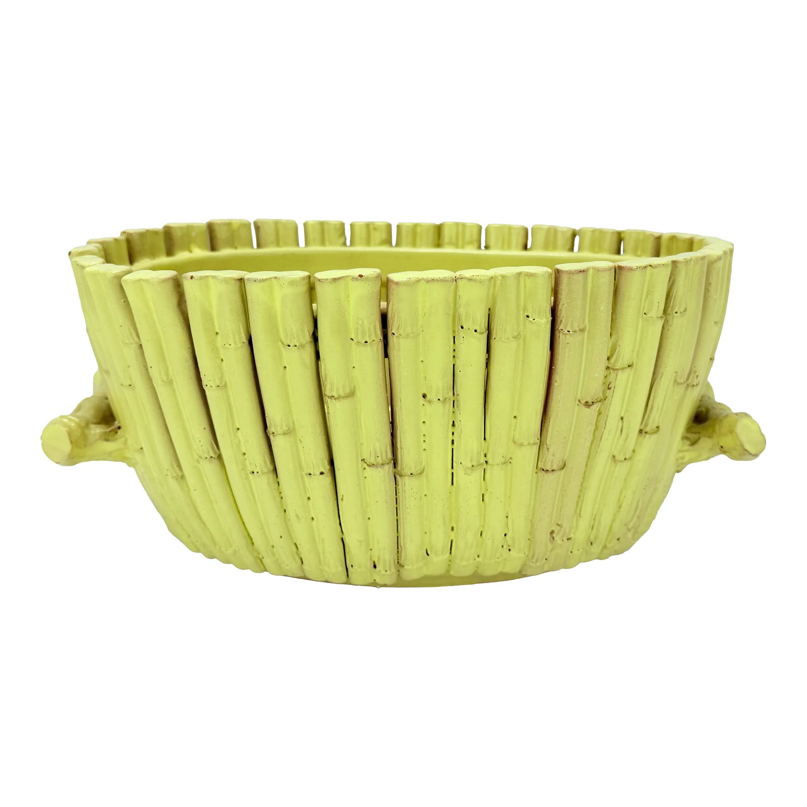 Vintage Italian Yellow Glazed Faux Bamboo Terracotta Planter or Centerpiece: This charming vintage Italian terracotta planter or centerpiece is designed with a vibrant yellow glaze and a sophisticated faux bamboo motif, showcasing the elegance of mid-century Italian craftsmans