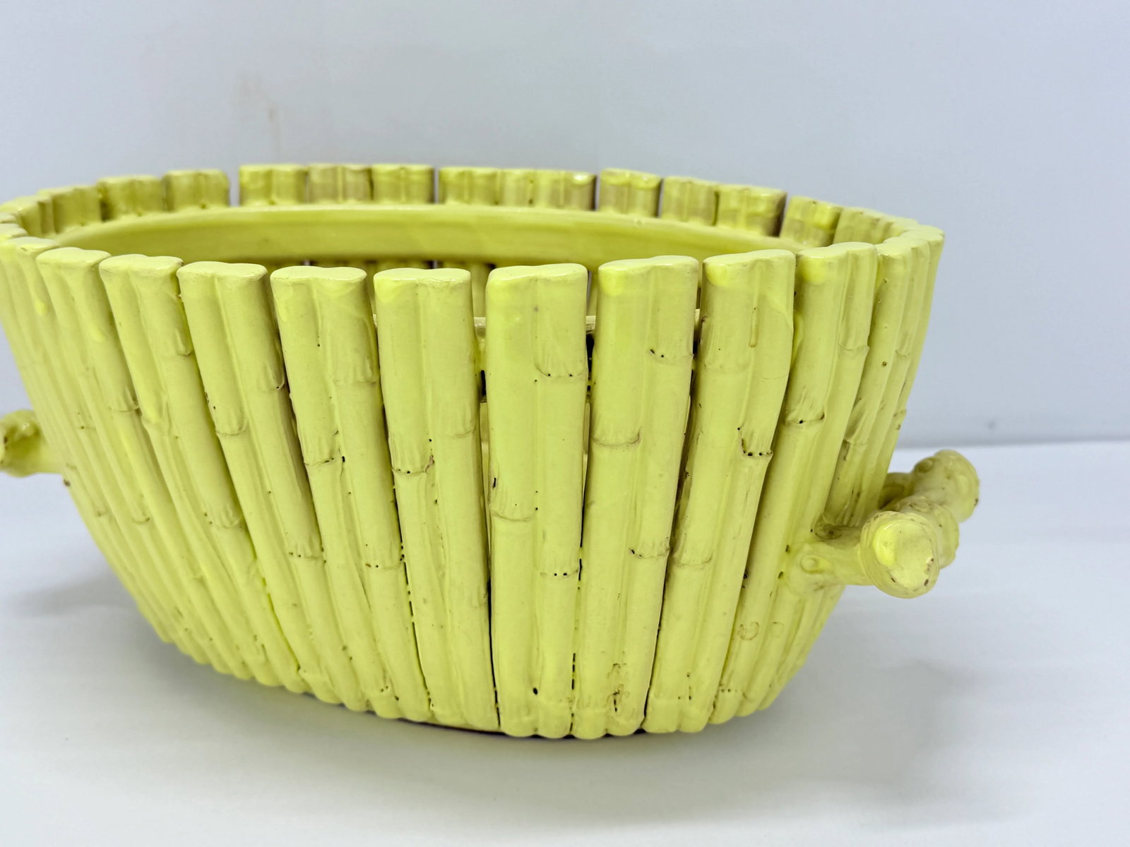 Vintage Italian Yellow Glazed Faux Bamboo Terracotta Planter or Centerpiece - 2