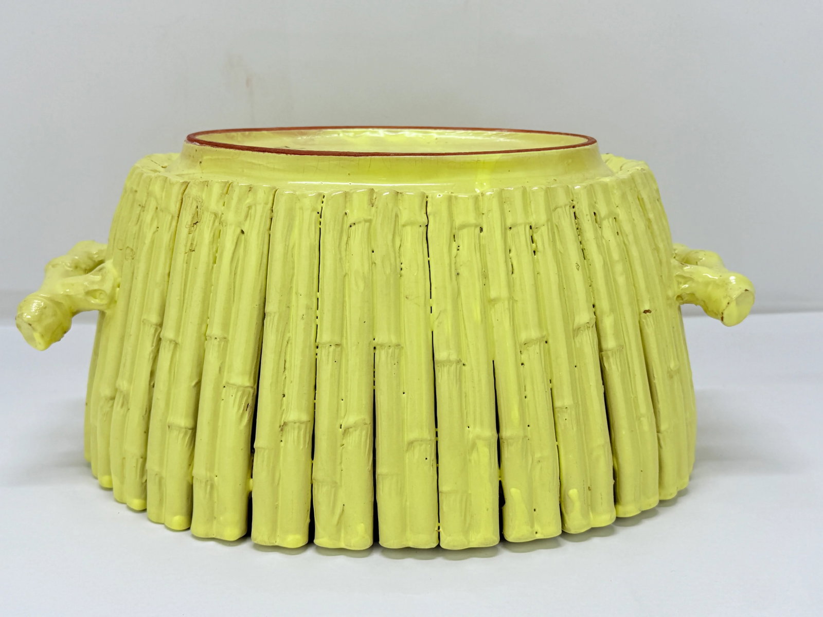 Vintage Italian Yellow Glazed Faux Bamboo Terracotta Planter or Centerpiece - 3