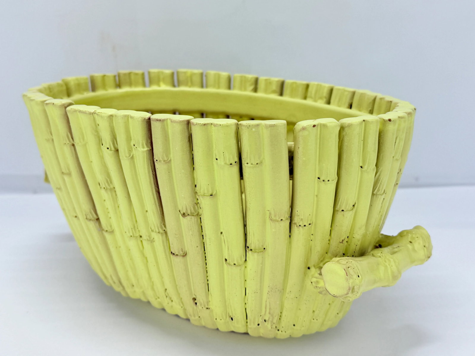 Vintage Italian Yellow Glazed Faux Bamboo Terracotta Planter or Centerpiece - 4