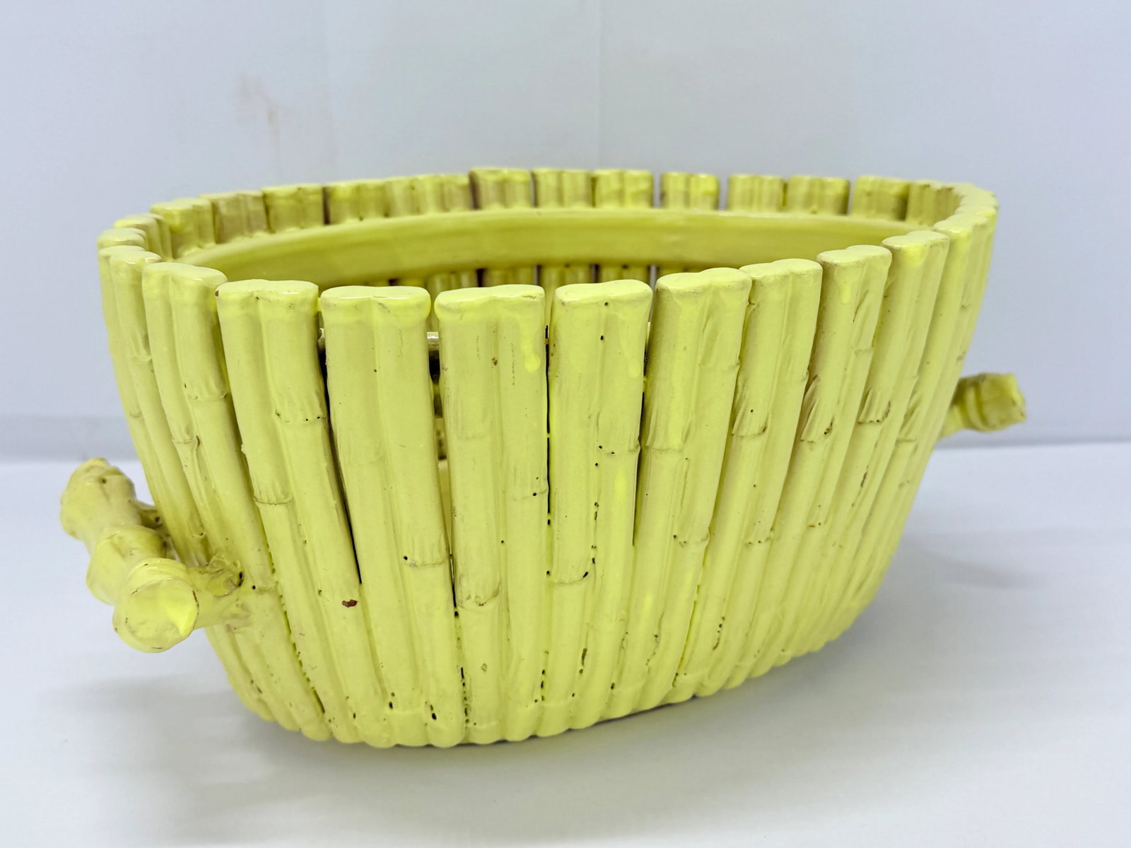 Vintage Italian Yellow Glazed Faux Bamboo Terracotta Planter or Centerpiece - 5
