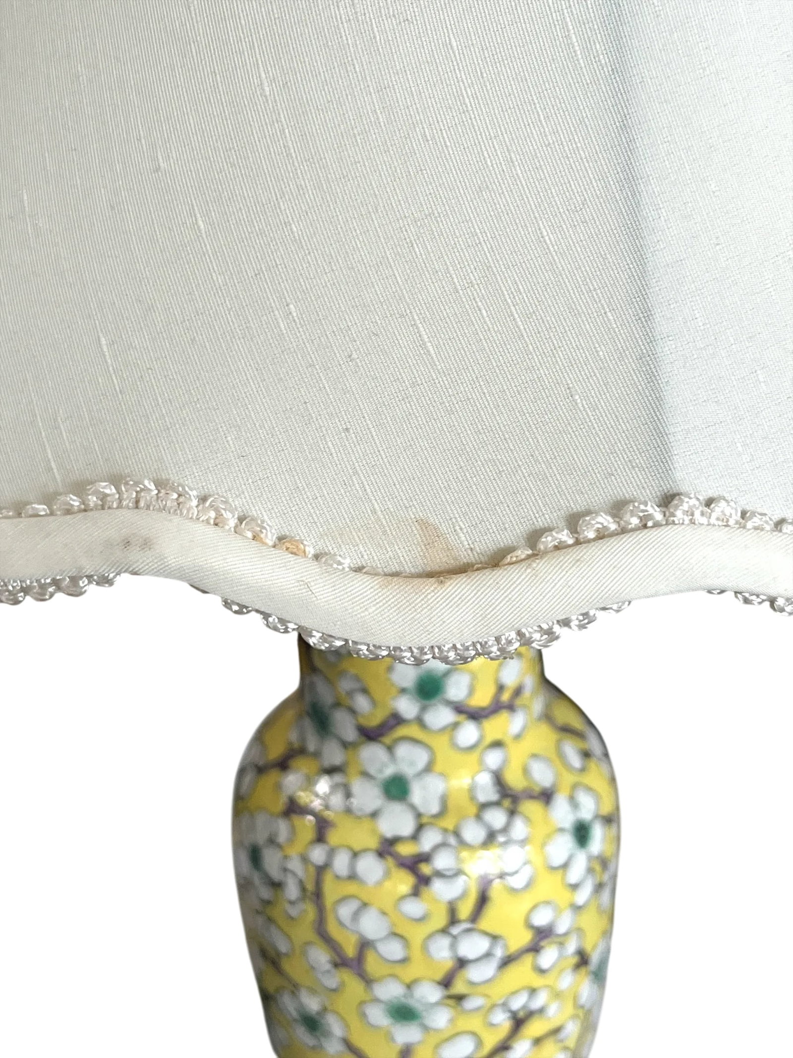 Vintage Yellow Porcelain Lamps Hand-Painted Cherry Blossom Design With Scalloped Ivory Shades a Pair - 10